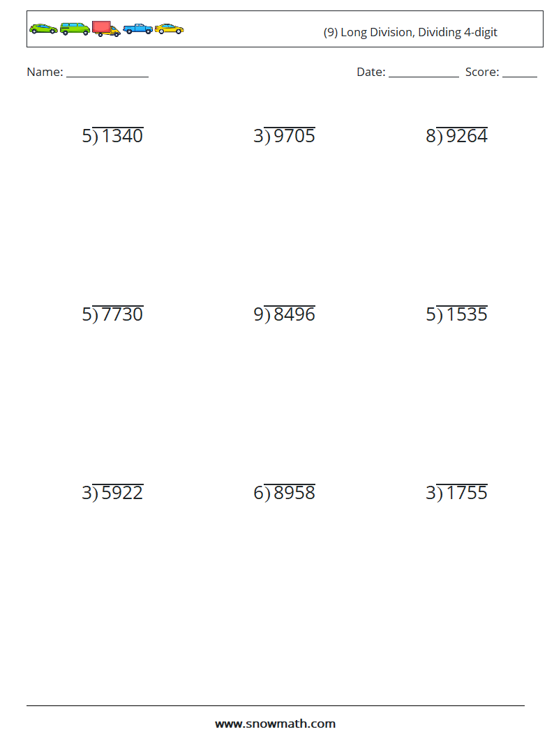 (9) Long Division, Dividing 4-digit Math Worksheets 4