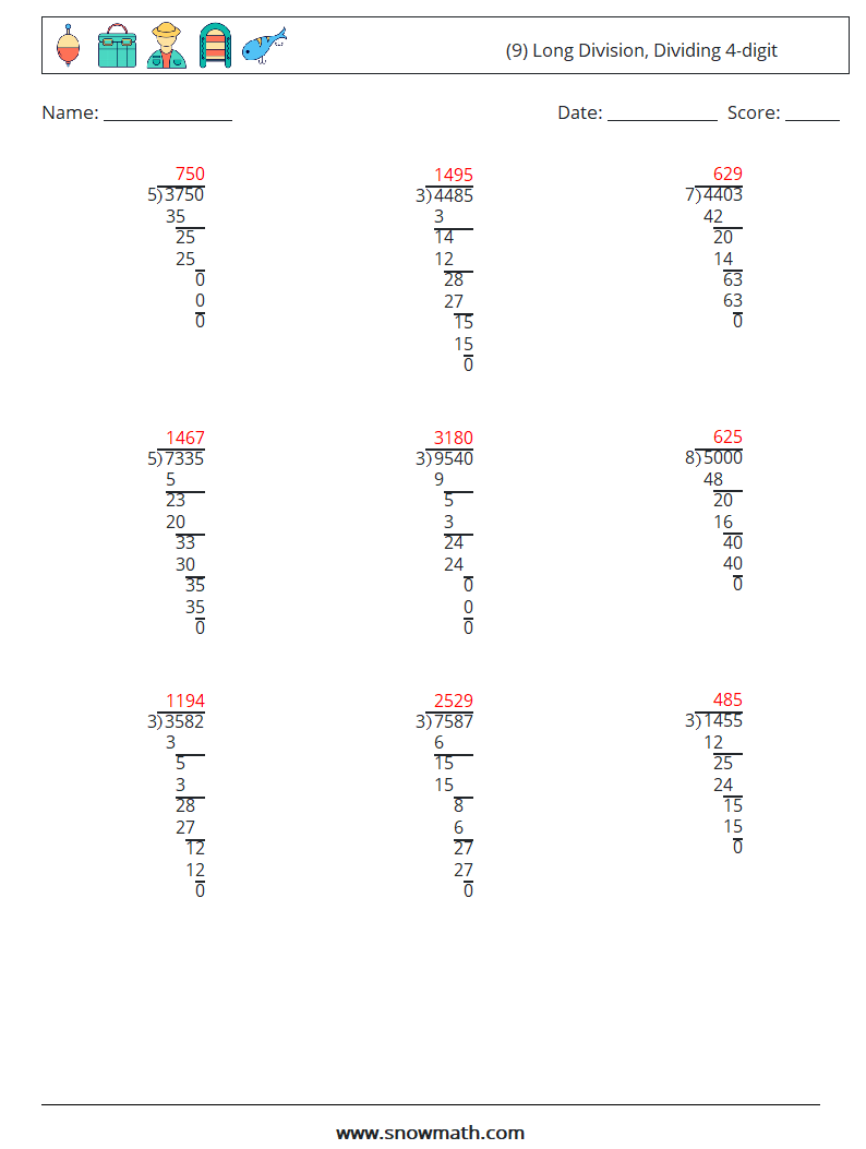 (9) Long Division, Dividing 4-digit Math Worksheets 5 Question, Answer