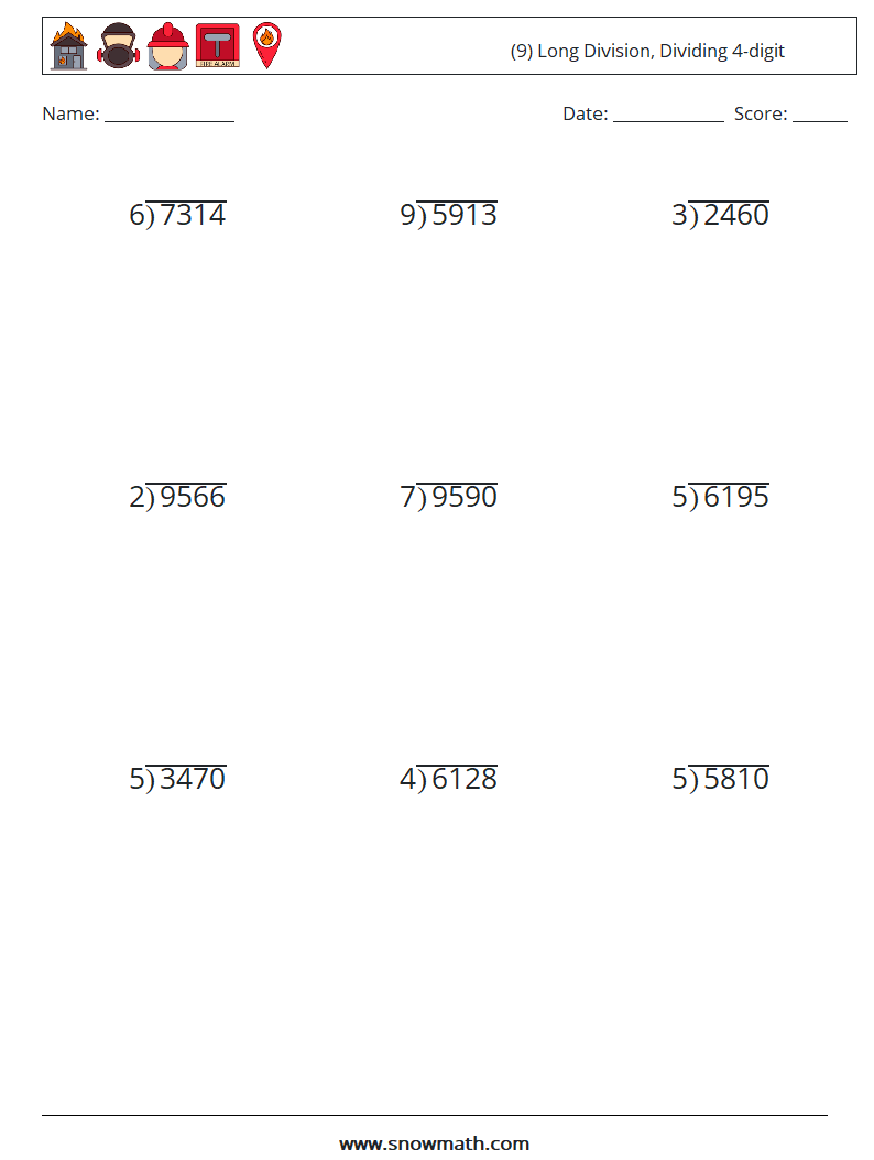 (9) Long Division, Dividing 4-digit Math Worksheets 6