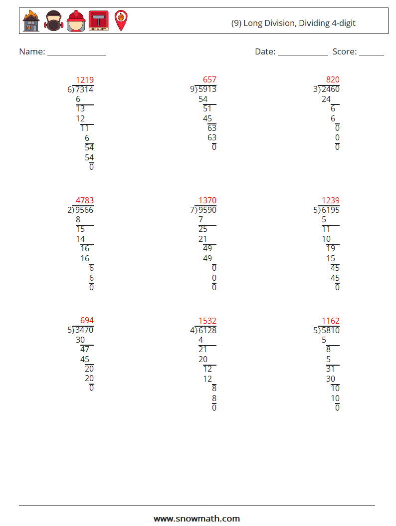 (9) Long Division, Dividing 4-digit Math Worksheets 6 Question, Answer