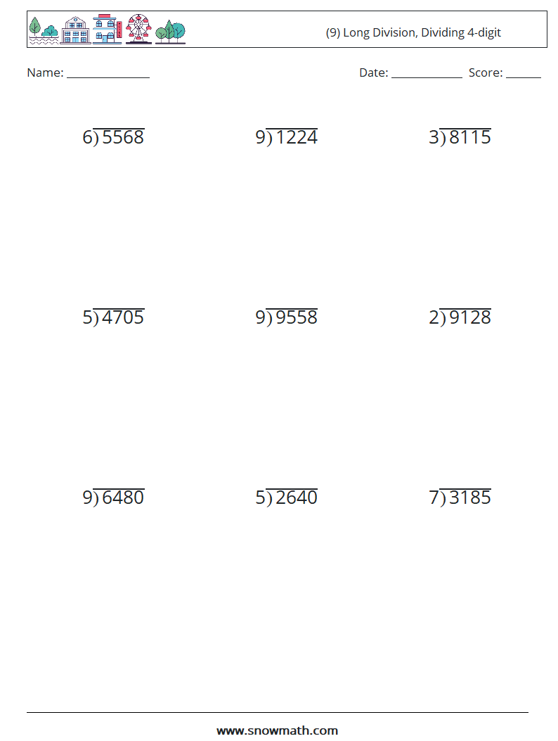 (9) Long Division, Dividing 4-digit Math Worksheets 7