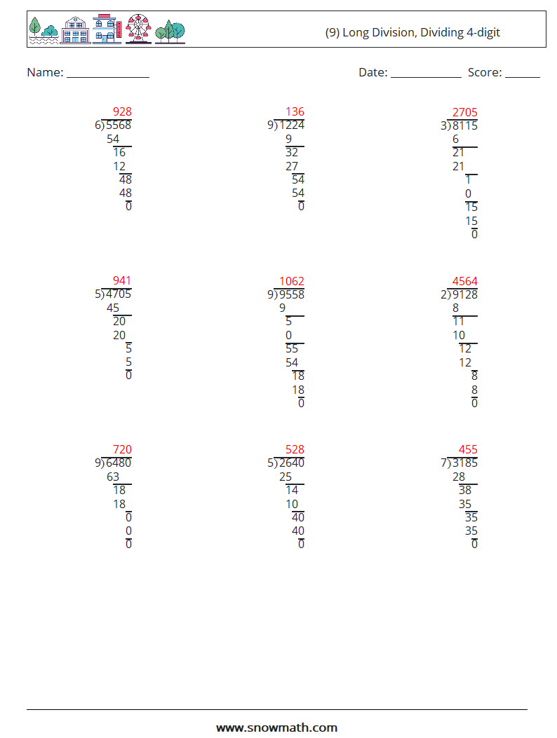 (9) Long Division, Dividing 4-digit Math Worksheets 7 Question, Answer