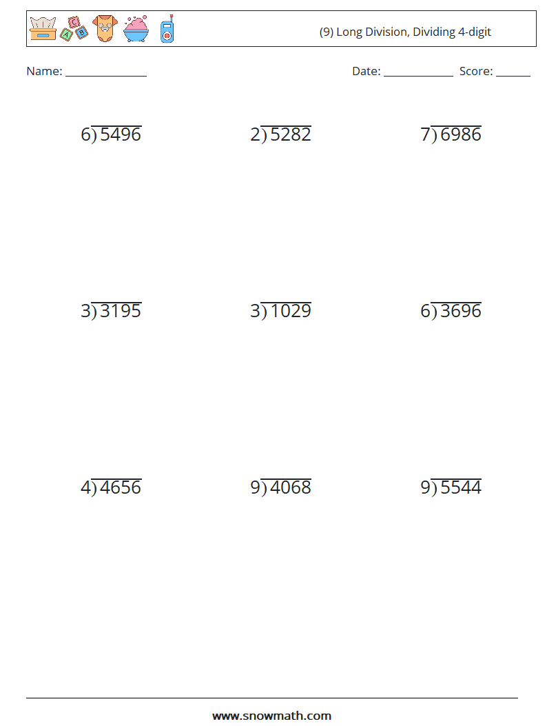 (9) Long Division, Dividing 4-digit Math Worksheets 8