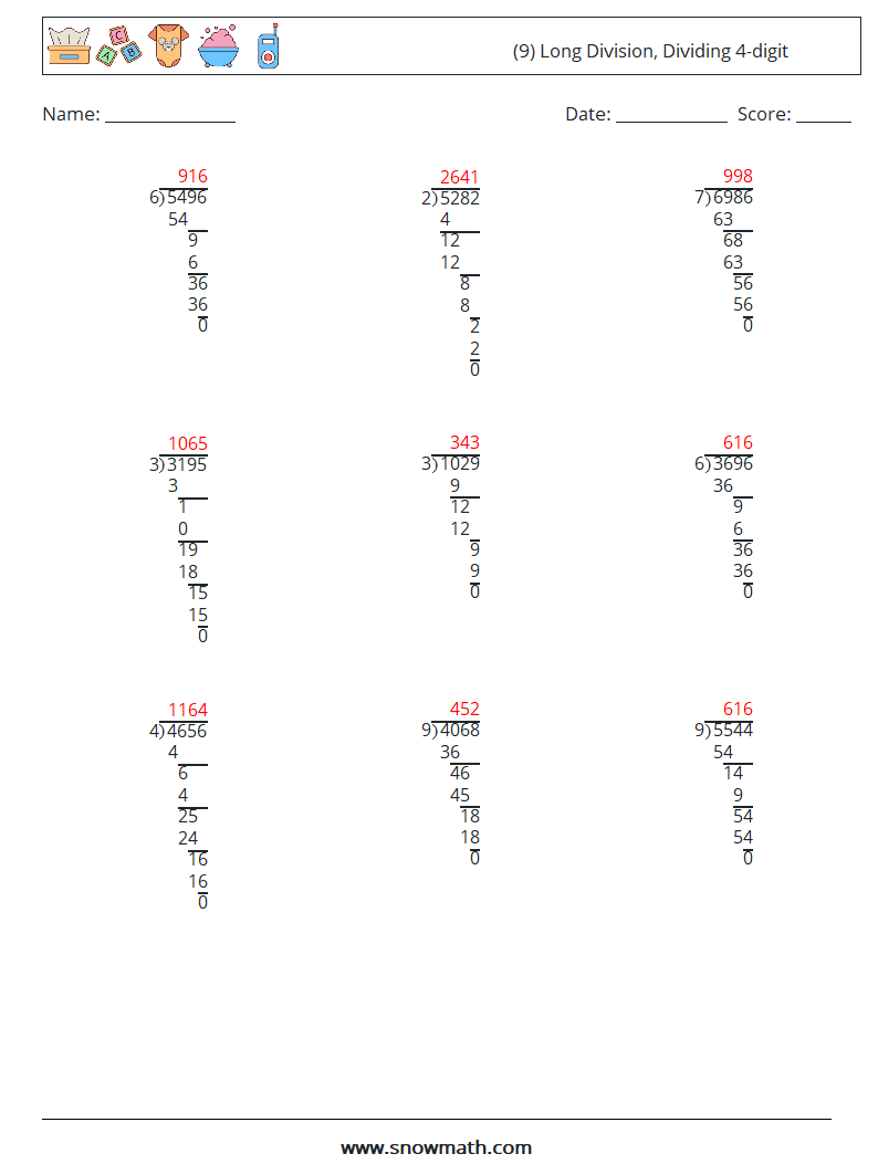 (9) Long Division, Dividing 4-digit Math Worksheets 8 Question, Answer