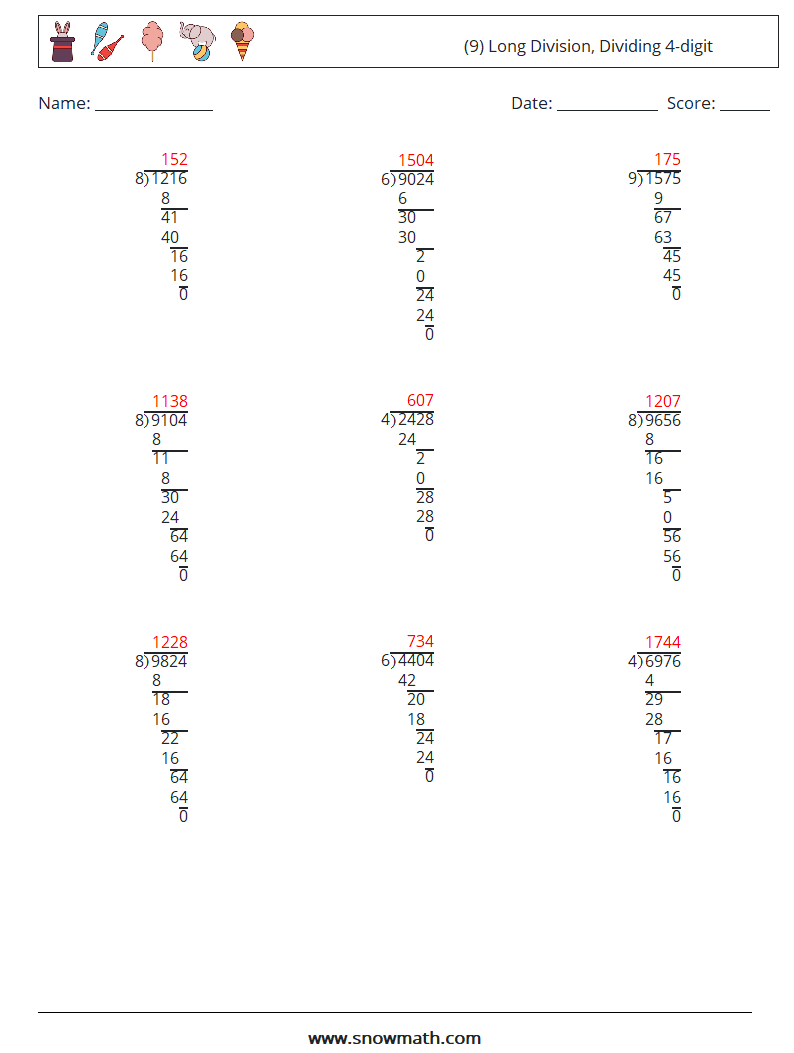 (9) Long Division, Dividing 4-digit Math Worksheets 9 Question, Answer