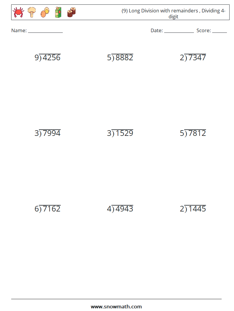 (9) Long Division with remainders , Dividing 4-digit Math Worksheets 1