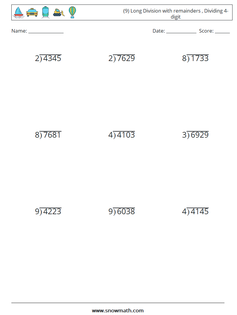 (9) Long Division with remainders , Dividing 4-digit Math Worksheets 10