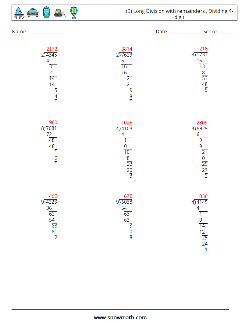 (9) Long Division with remainders , Dividing 4-digit Math Worksheets 10 Question, Answer