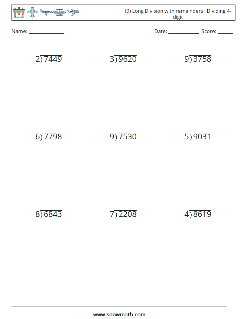 (9) Long Division with remainders , Dividing 4-digit Math Worksheets 12