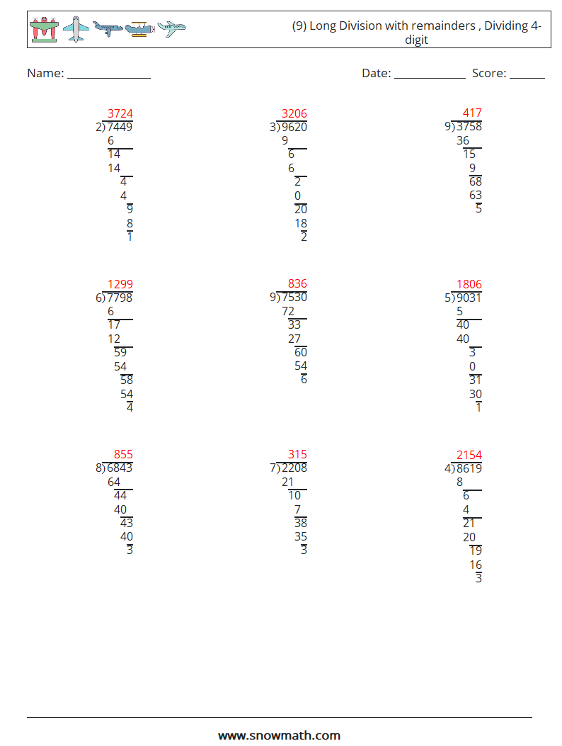 (9) Long Division with remainders , Dividing 4-digit Math Worksheets 12 Question, Answer