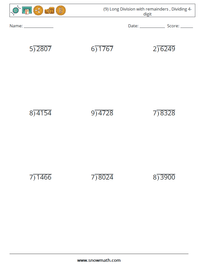 (9) Long Division with remainders , Dividing 4-digit Math Worksheets 14