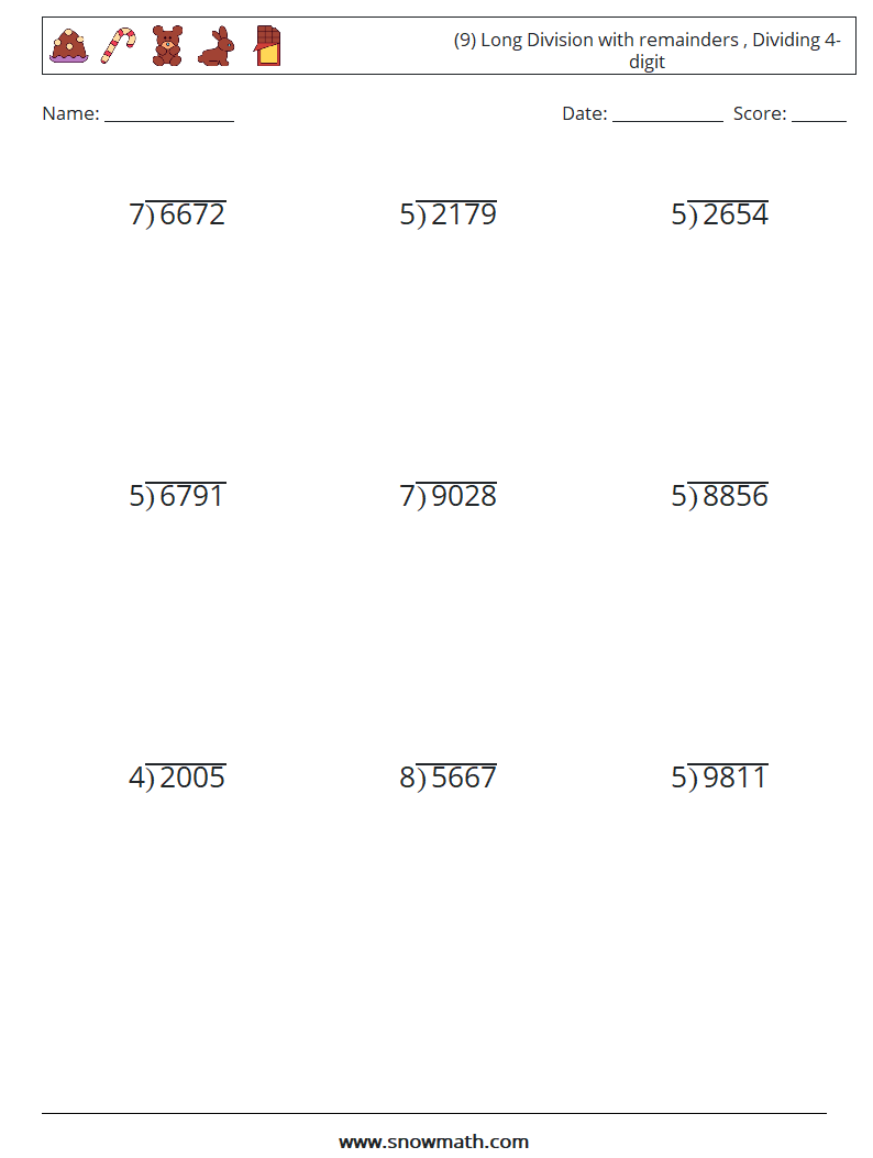 (9) Long Division with remainders , Dividing 4-digit Math Worksheets 15