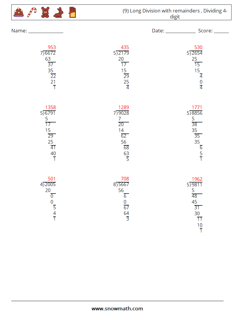 (9) Long Division with remainders , Dividing 4-digit Math Worksheets 15 Question, Answer