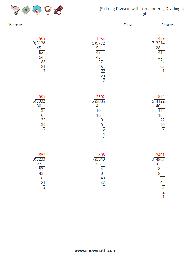 (9) Long Division with remainders , Dividing 4-digit Math Worksheets 16 Question, Answer