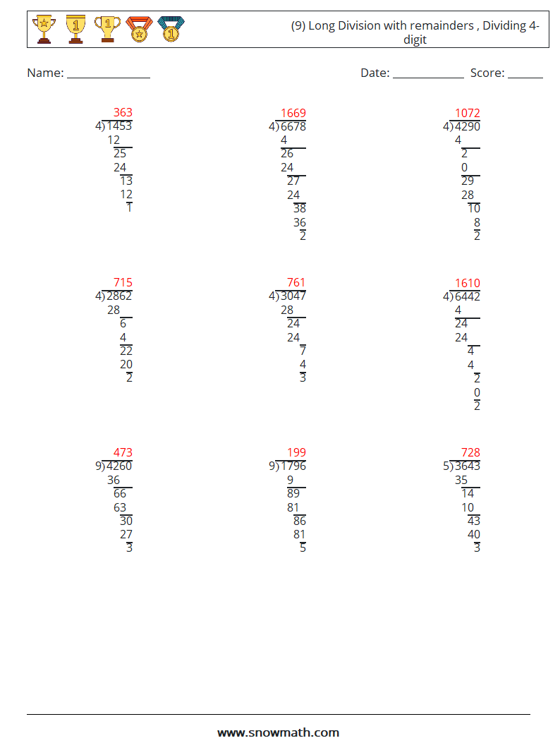 (9) Long Division with remainders , Dividing 4-digit Math Worksheets 17 Question, Answer