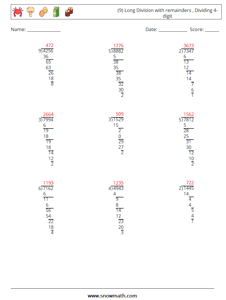 (9) Long Division with remainders , Dividing 4-digit Math Worksheets 1 Question, Answer