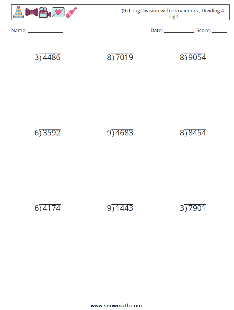 (9) Long Division with remainders , Dividing 4-digit Math Worksheets 2