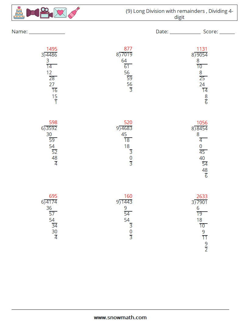 (9) Long Division with remainders , Dividing 4-digit Math Worksheets 2 Question, Answer