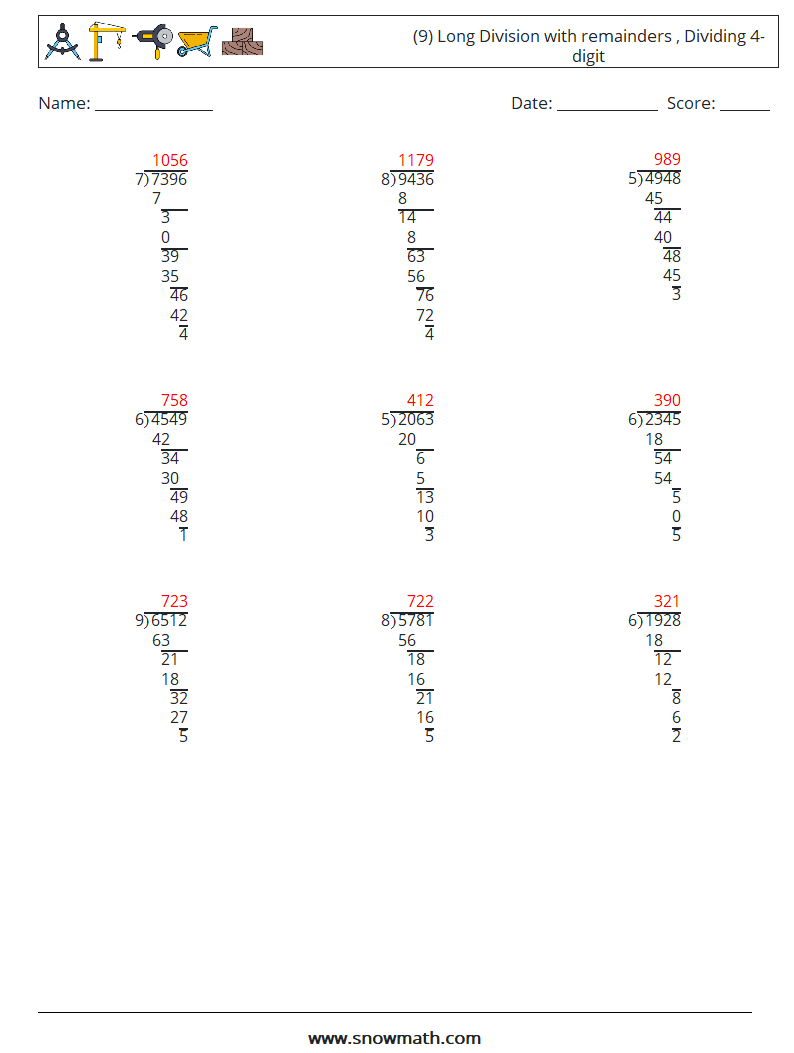 (9) Long Division with remainders , Dividing 4-digit Math Worksheets 3 Question, Answer