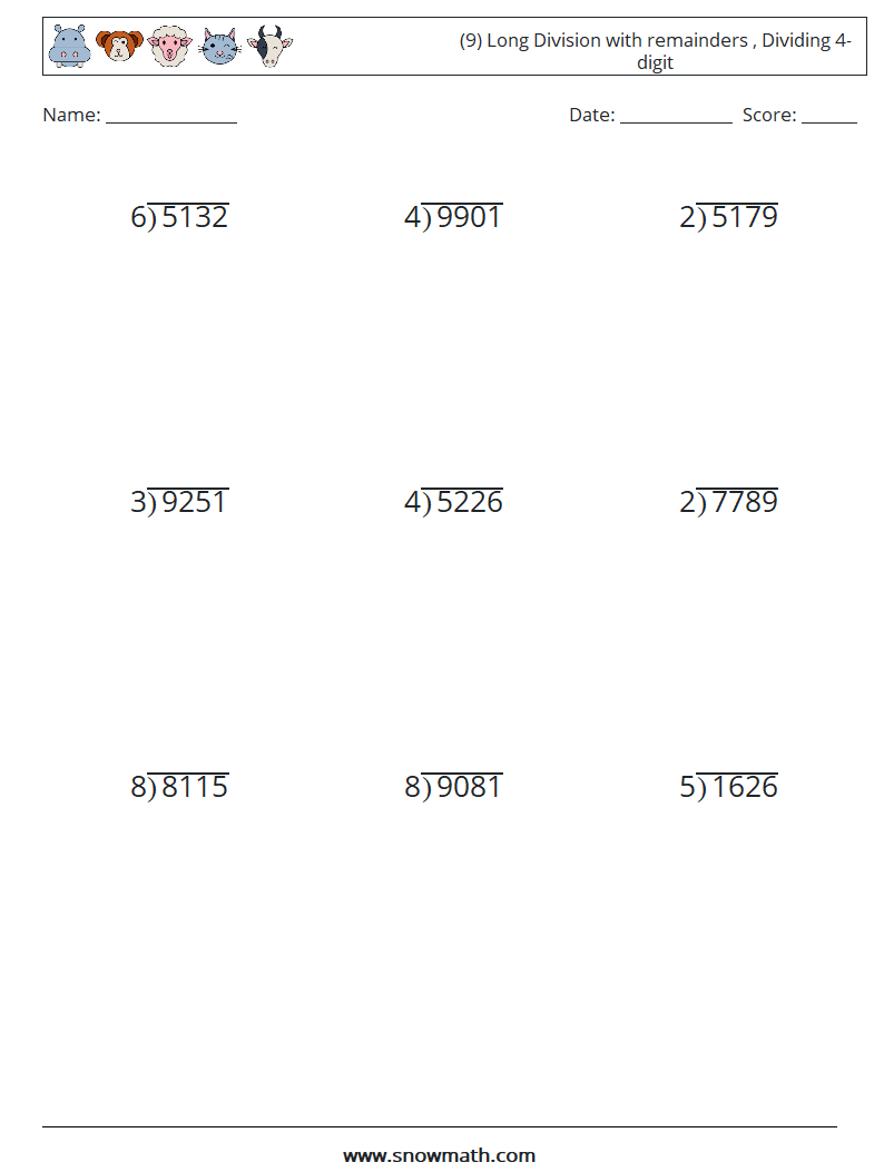 (9) Long Division with remainders , Dividing 4-digit Math Worksheets 4