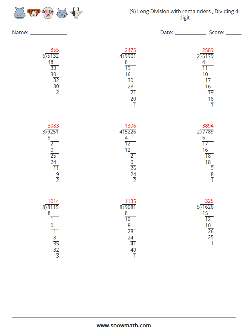 (9) Long Division with remainders , Dividing 4-digit Math Worksheets 4 Question, Answer