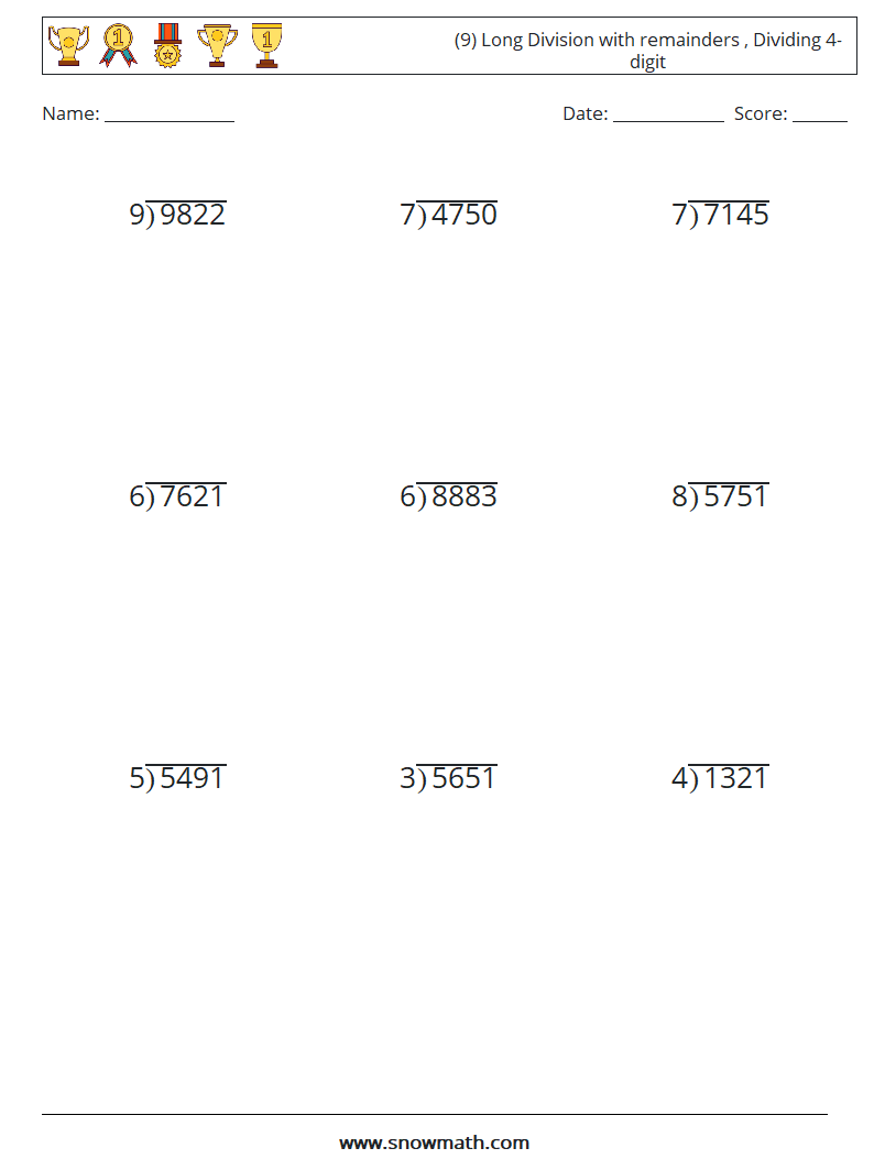 (9) Long Division with remainders , Dividing 4-digit Math Worksheets 5
