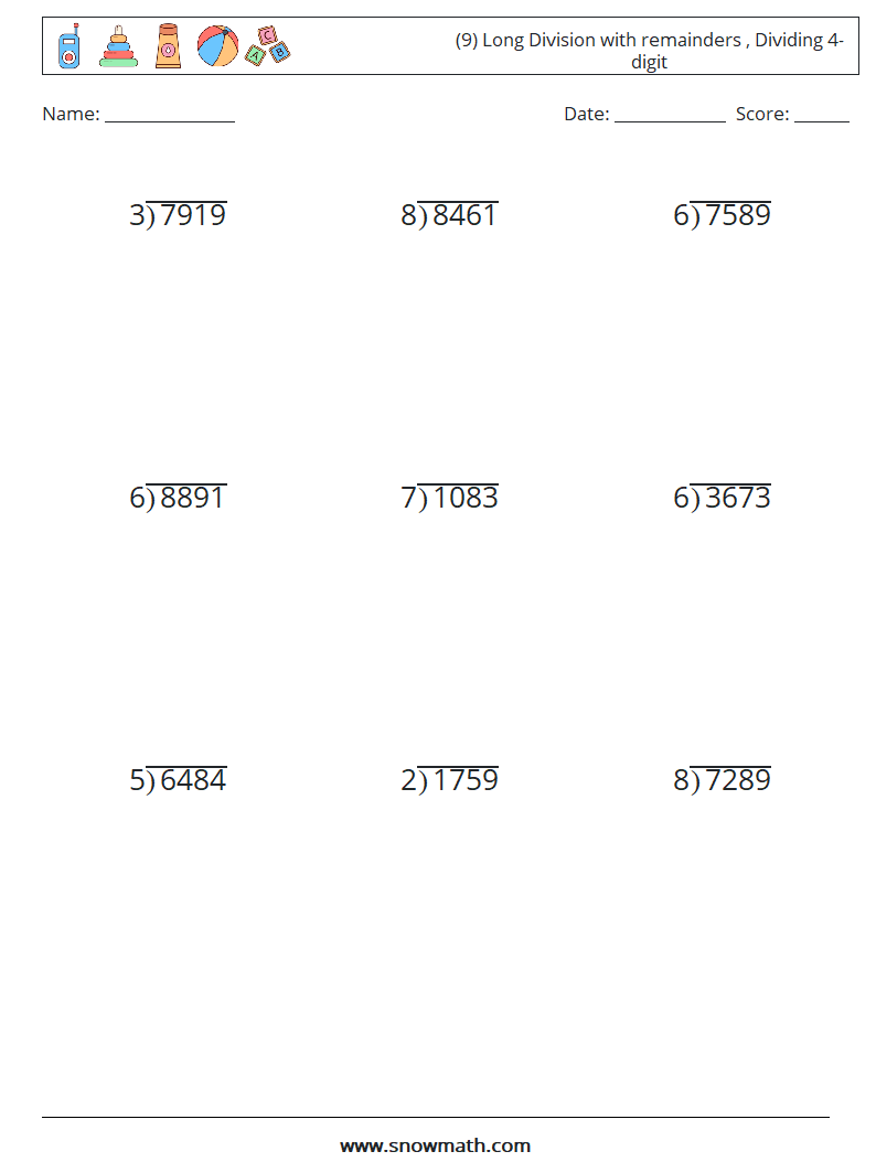 (9) Long Division with remainders , Dividing 4-digit Math Worksheets 6