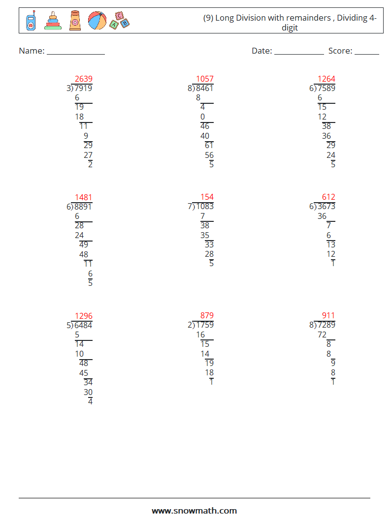 (9) Long Division with remainders , Dividing 4-digit Math Worksheets 6 Question, Answer