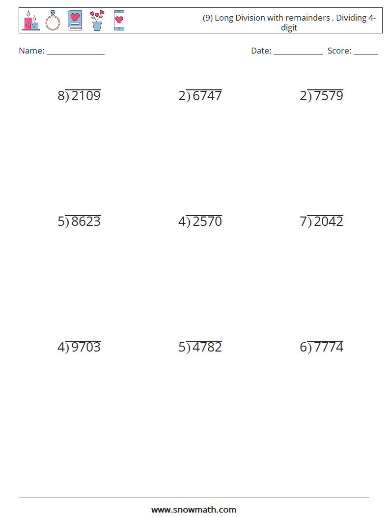 (9) Long Division with remainders , Dividing 4-digit Math Worksheets 7