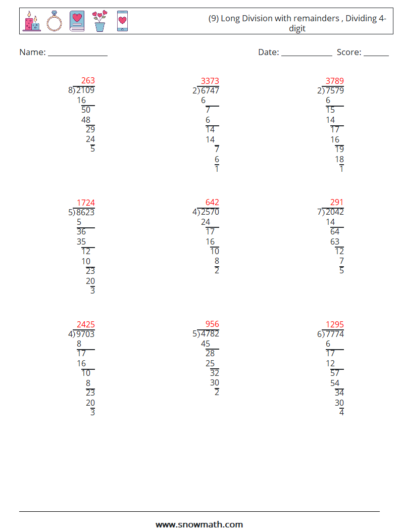 (9) Long Division with remainders , Dividing 4-digit Math Worksheets 7 Question, Answer