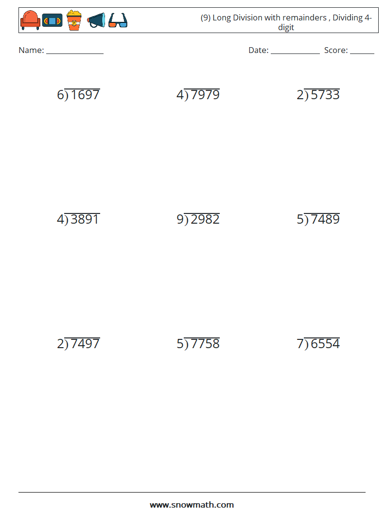 (9) Long Division with remainders , Dividing 4-digit Math Worksheets 8