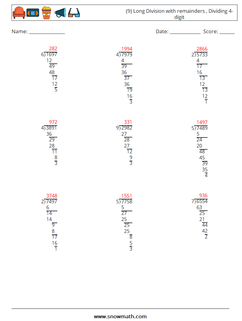 (9) Long Division with remainders , Dividing 4-digit Math Worksheets 8 Question, Answer