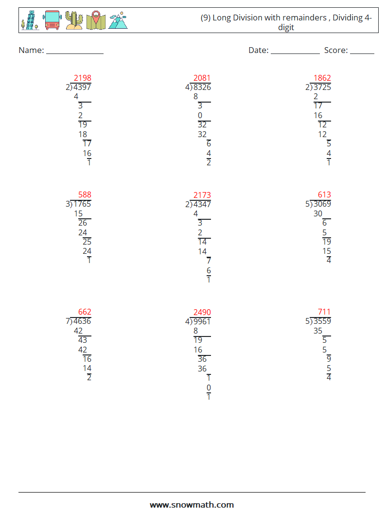 (9) Long Division with remainders , Dividing 4-digit Math Worksheets 9 Question, Answer