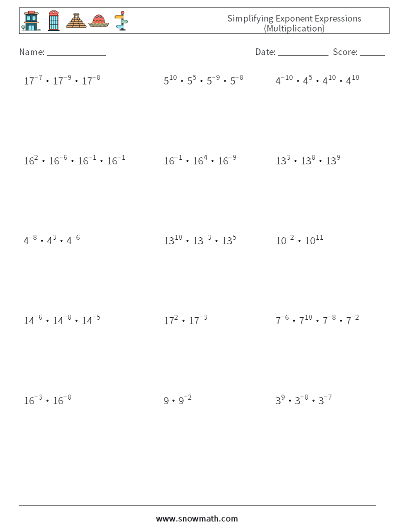 Simplifying Exponent Expressions (Multiplication) Math Worksheets 1