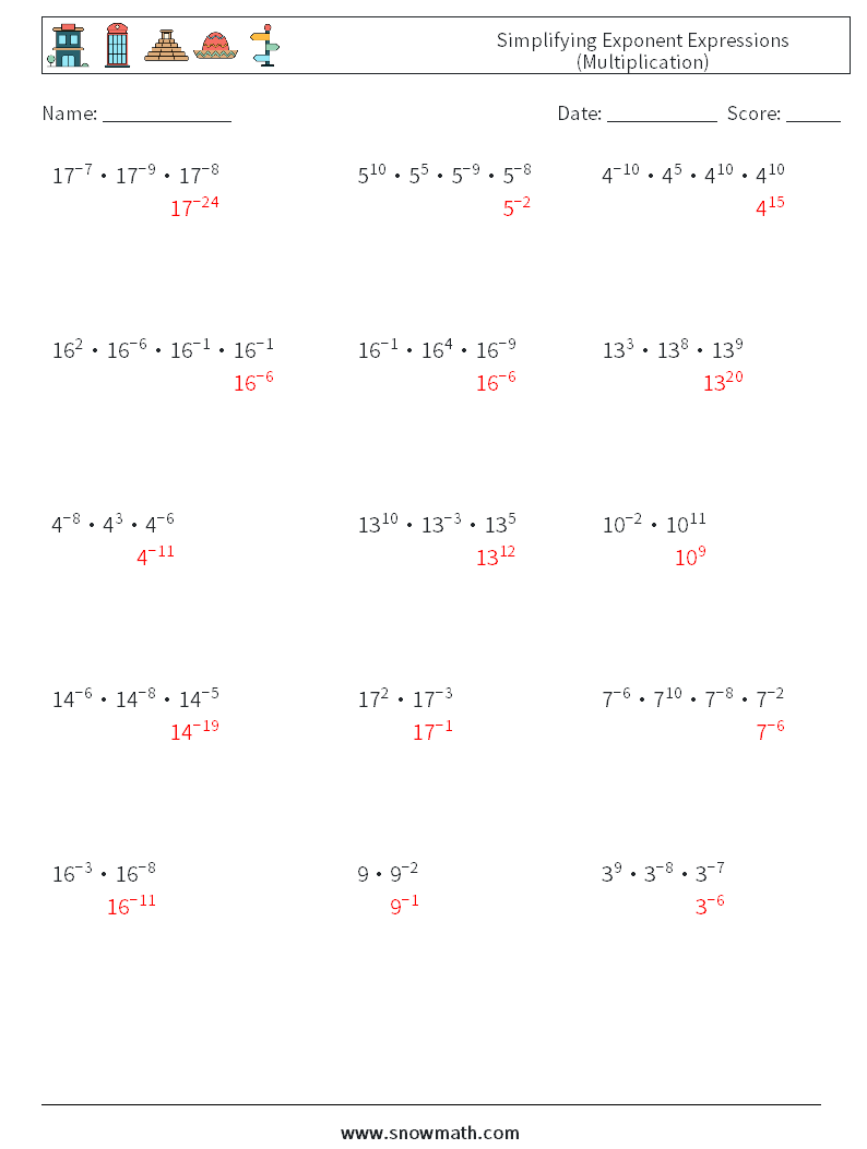 Simplifying Exponent Expressions (Multiplication) Math Worksheets 1 Question, Answer