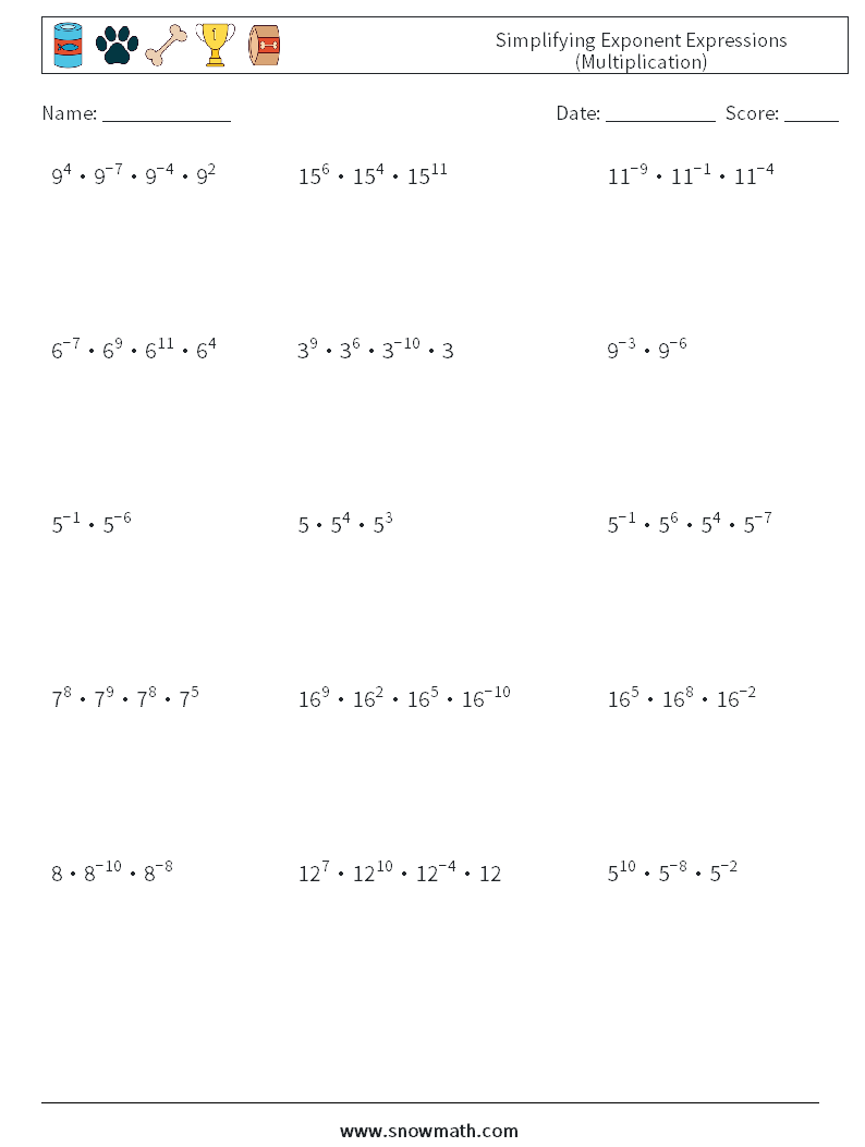 Simplifying Exponent Expressions (Multiplication) Math Worksheets 2