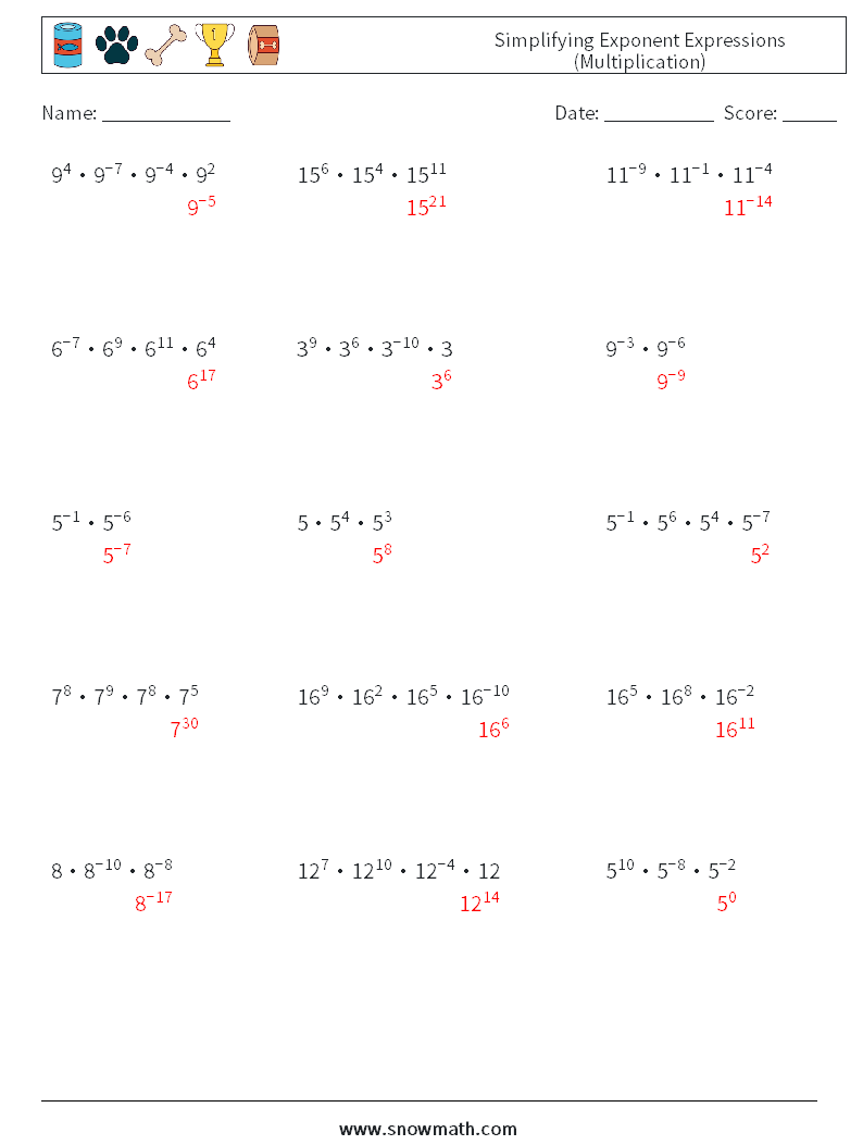 Simplifying Exponent Expressions (Multiplication) Math Worksheets 2 Question, Answer