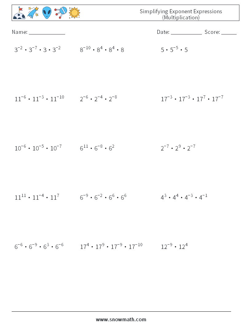 Simplifying Exponent Expressions (Multiplication) Math Worksheets 3