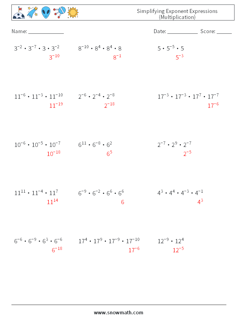 Simplifying Exponent Expressions (Multiplication) Math Worksheets 3 Question, Answer