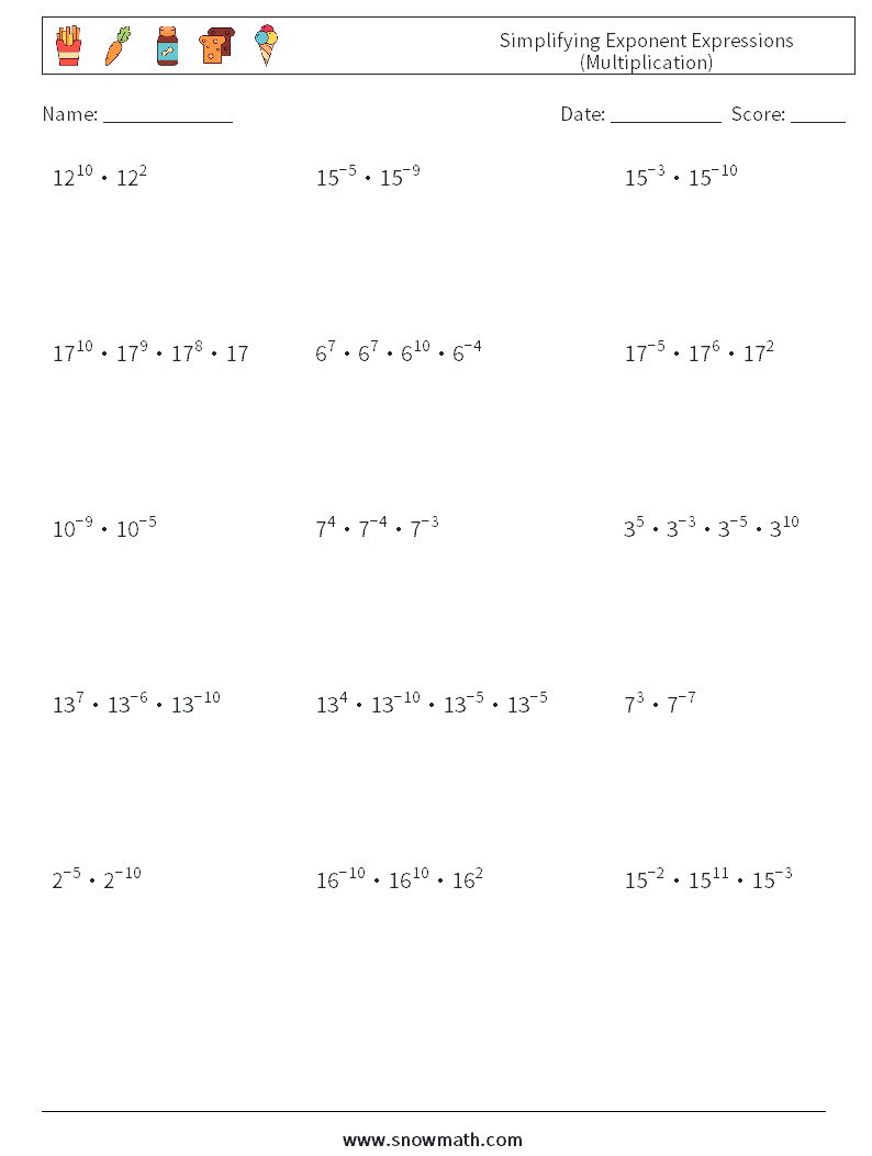 Simplifying Exponent Expressions (Multiplication) Math Worksheets 4