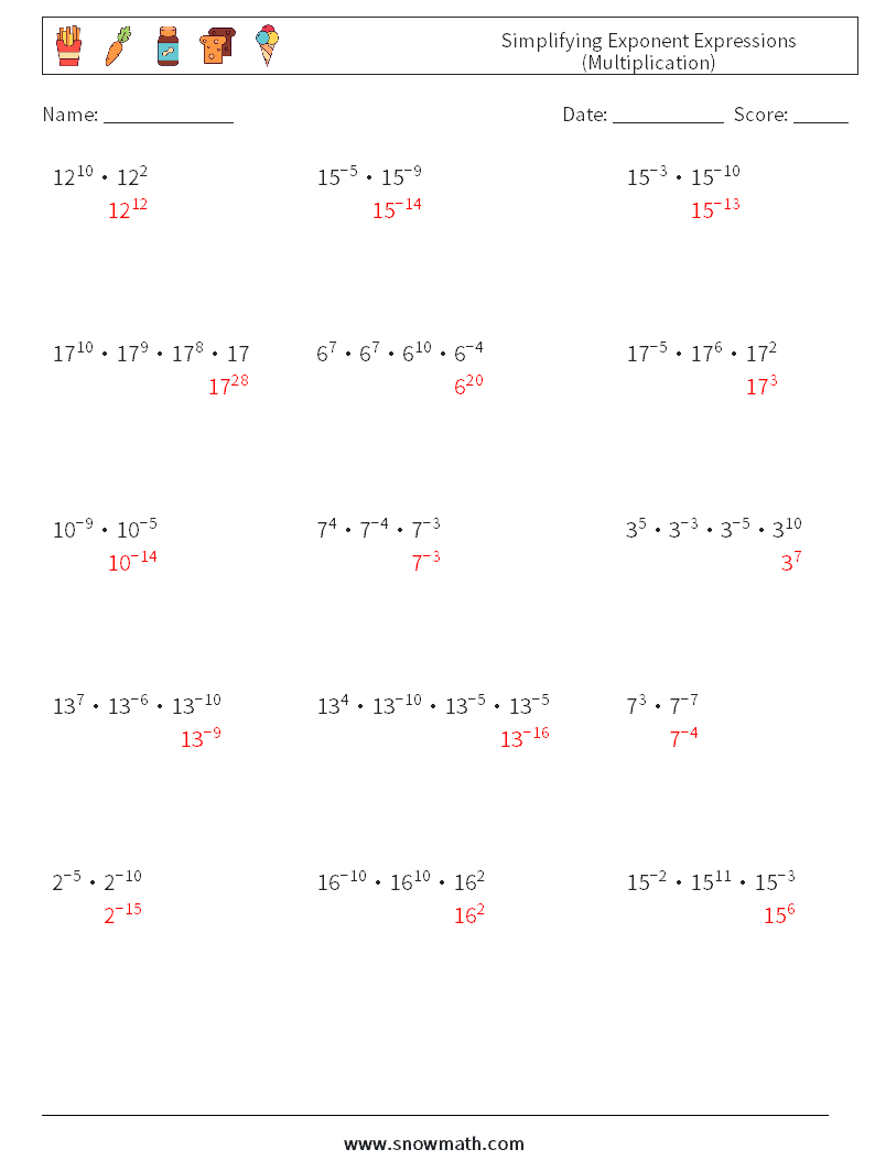 Simplifying Exponent Expressions (Multiplication) Math Worksheets 4 Question, Answer