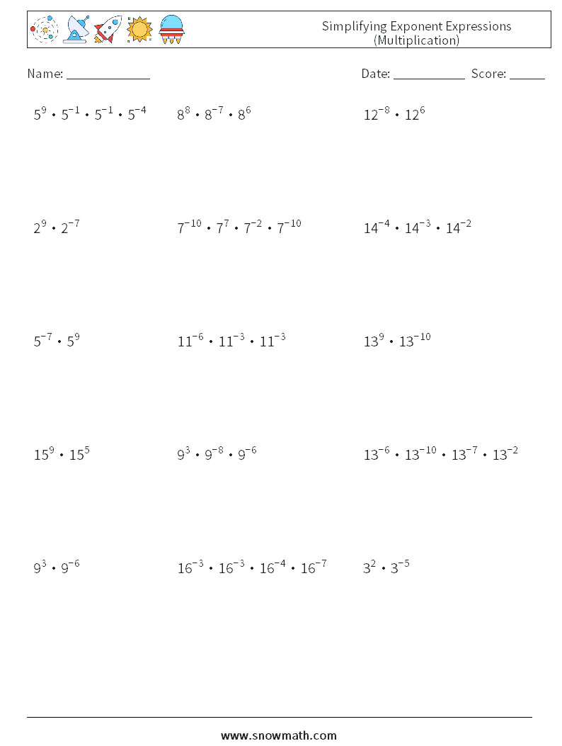 Simplifying Exponent Expressions (Multiplication) Math Worksheets 5