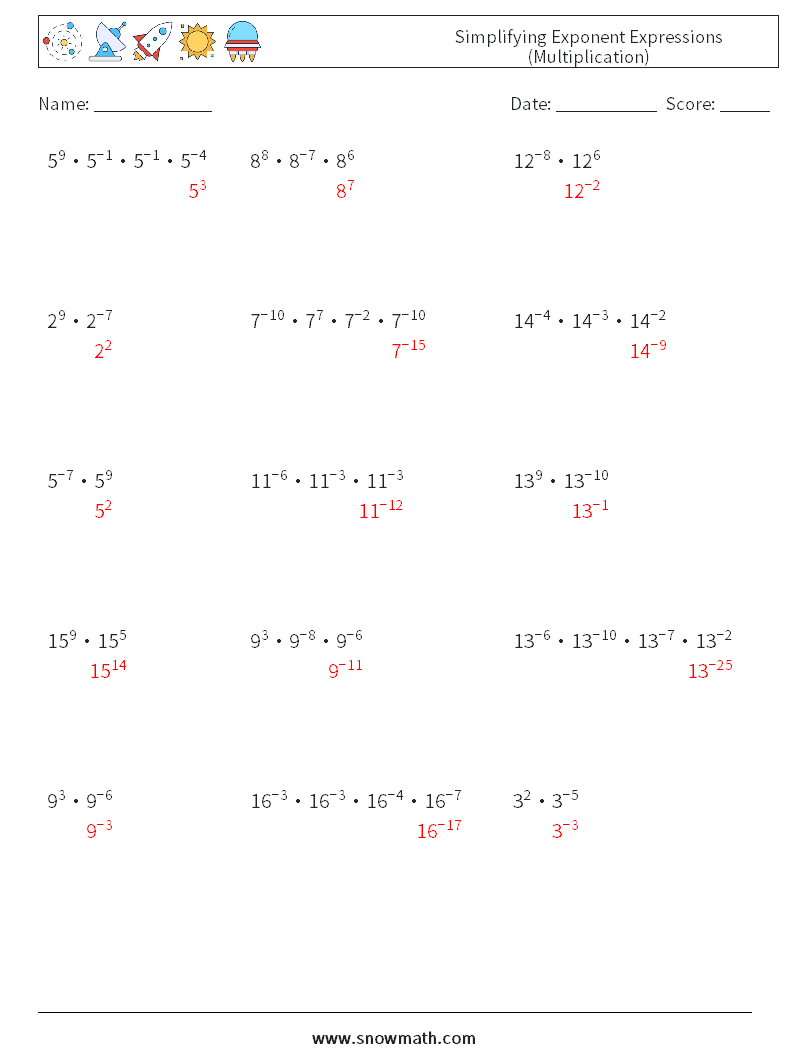 Simplifying Exponent Expressions (Multiplication) Math Worksheets 5 Question, Answer