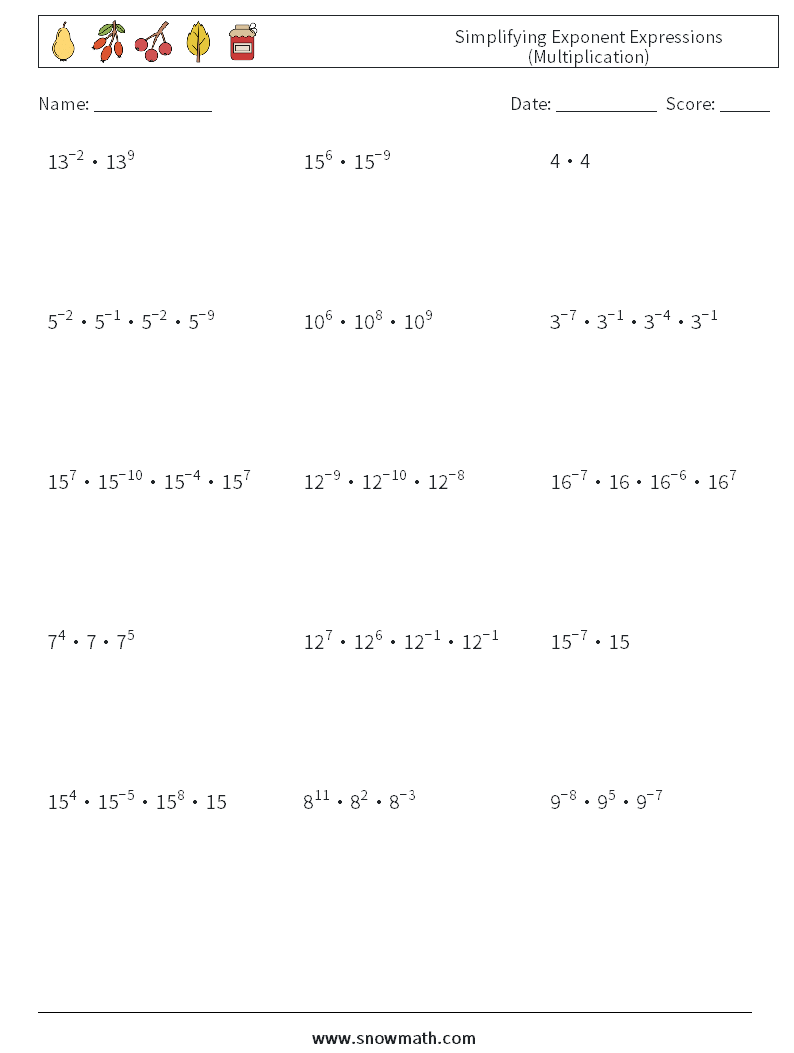 Simplifying Exponent Expressions (Multiplication) Math Worksheets 6