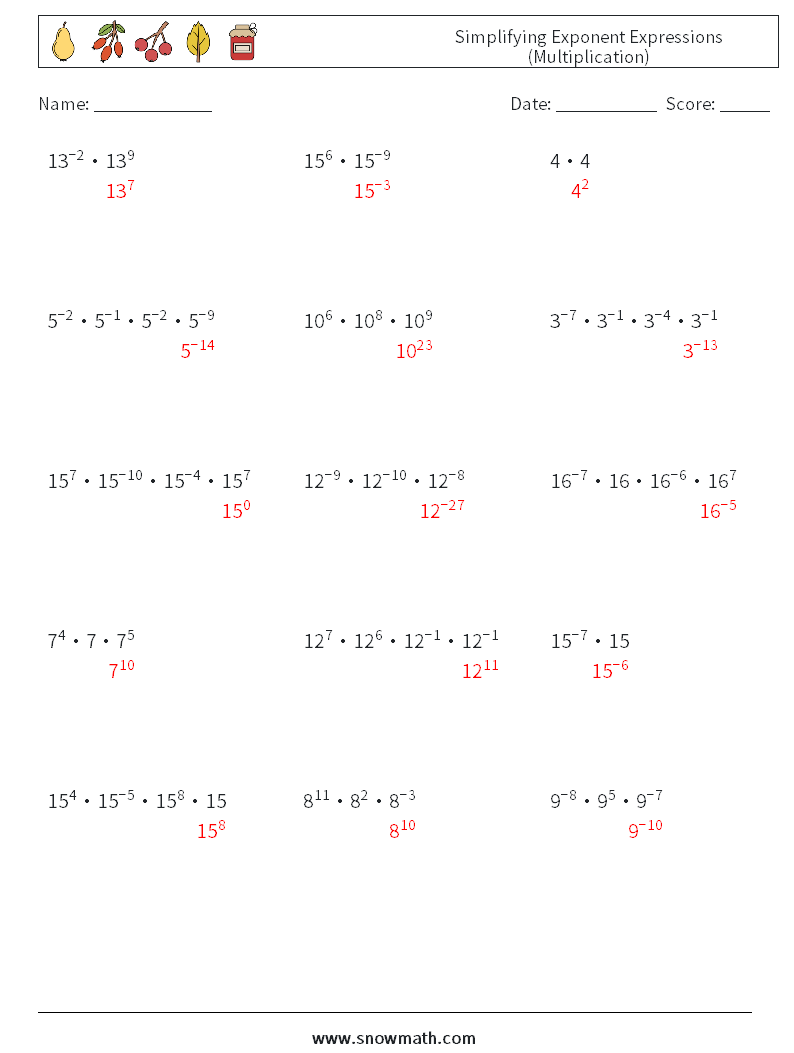 Simplifying Exponent Expressions (Multiplication) Math Worksheets 6 Question, Answer