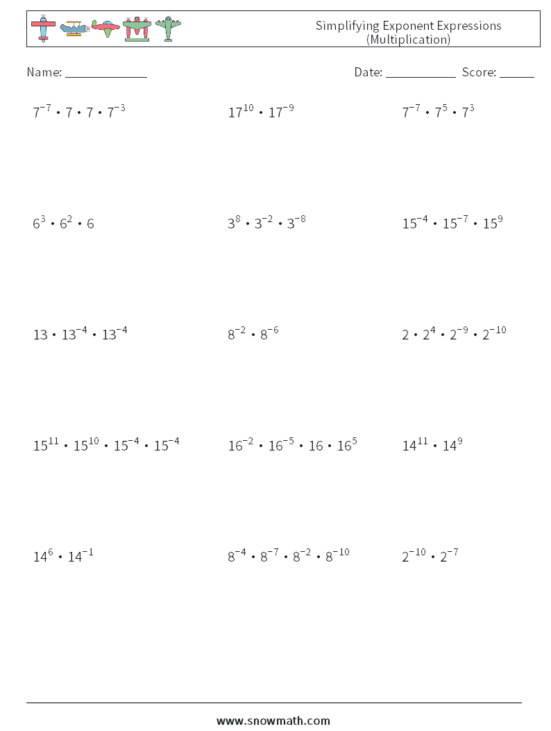 Simplifying Exponent Expressions (Multiplication) Math Worksheets 7