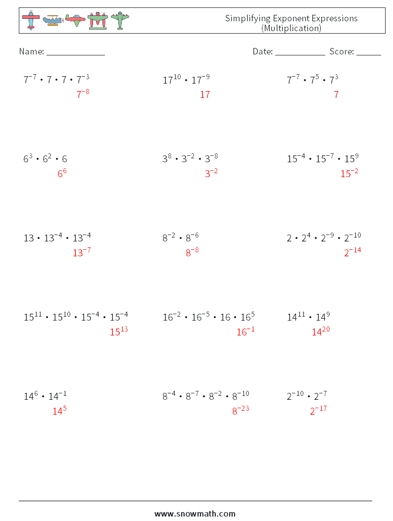 Simplifying Exponent Expressions (Multiplication) Math Worksheets 7 Question, Answer