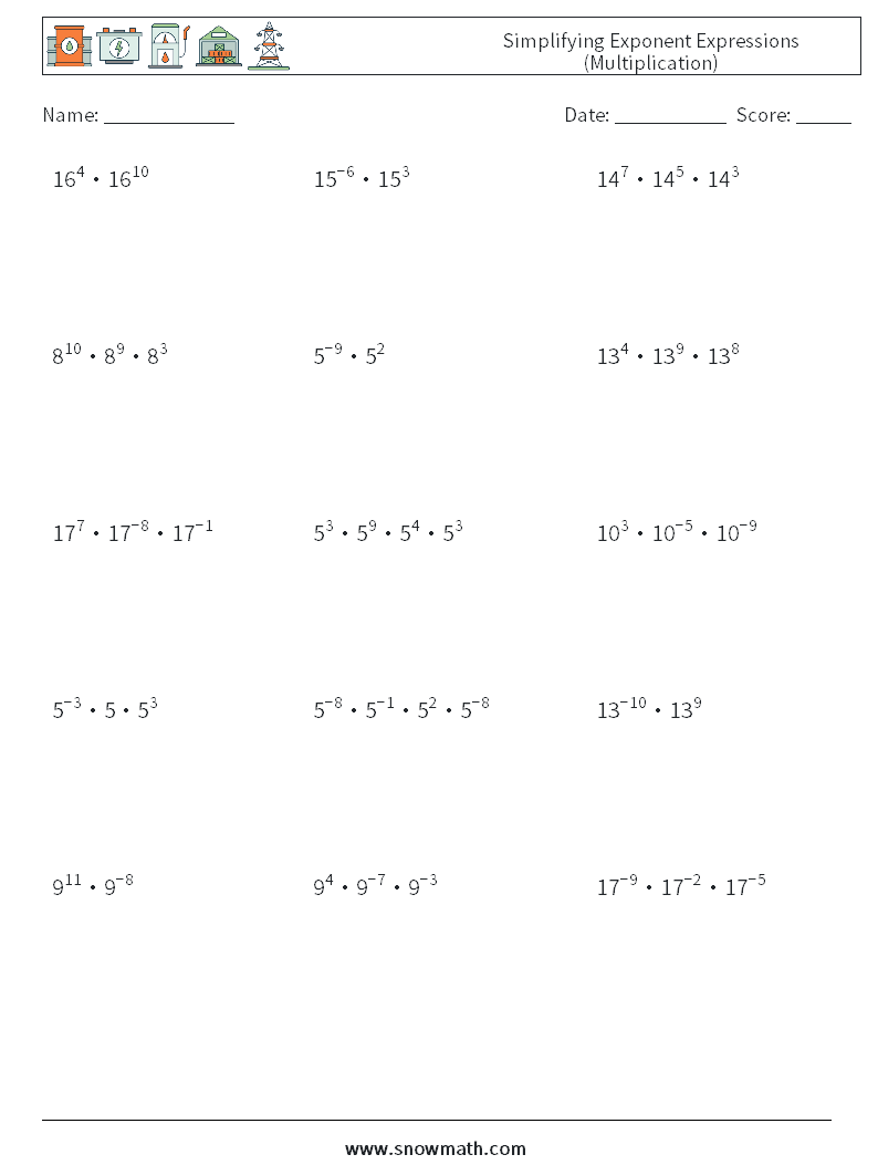 Simplifying Exponent Expressions (Multiplication) Math Worksheets 8