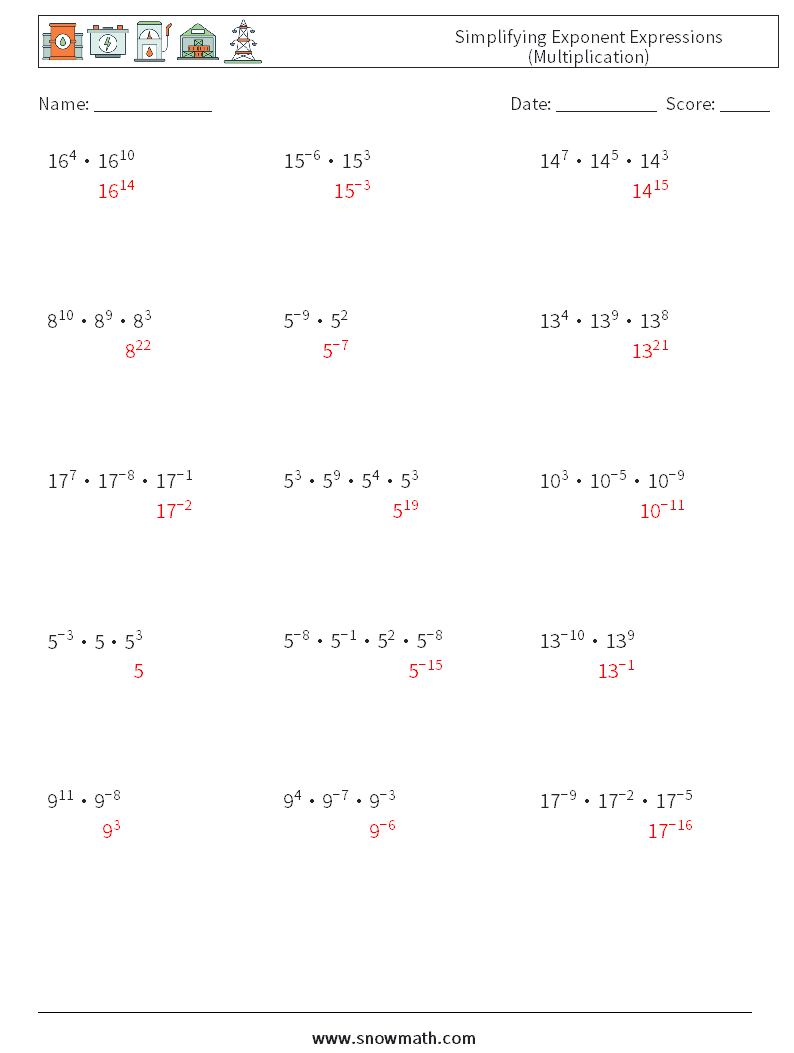Simplifying Exponent Expressions (Multiplication) Math Worksheets 8 Question, Answer