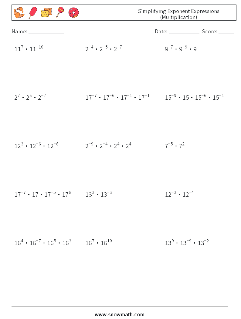 Simplifying Exponent Expressions (Multiplication) Math Worksheets 9